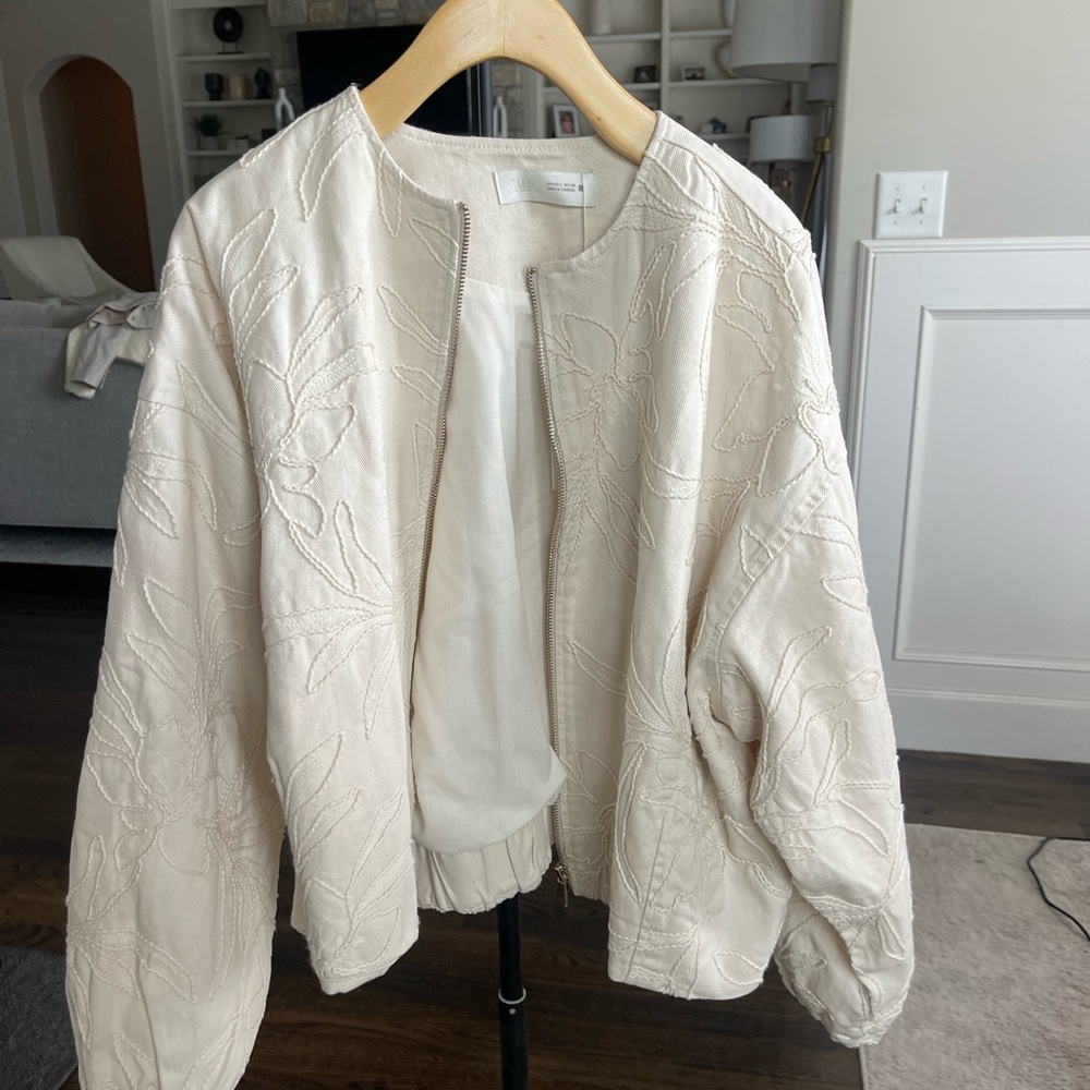Zara Cream Bomber Jacket with Embroidery